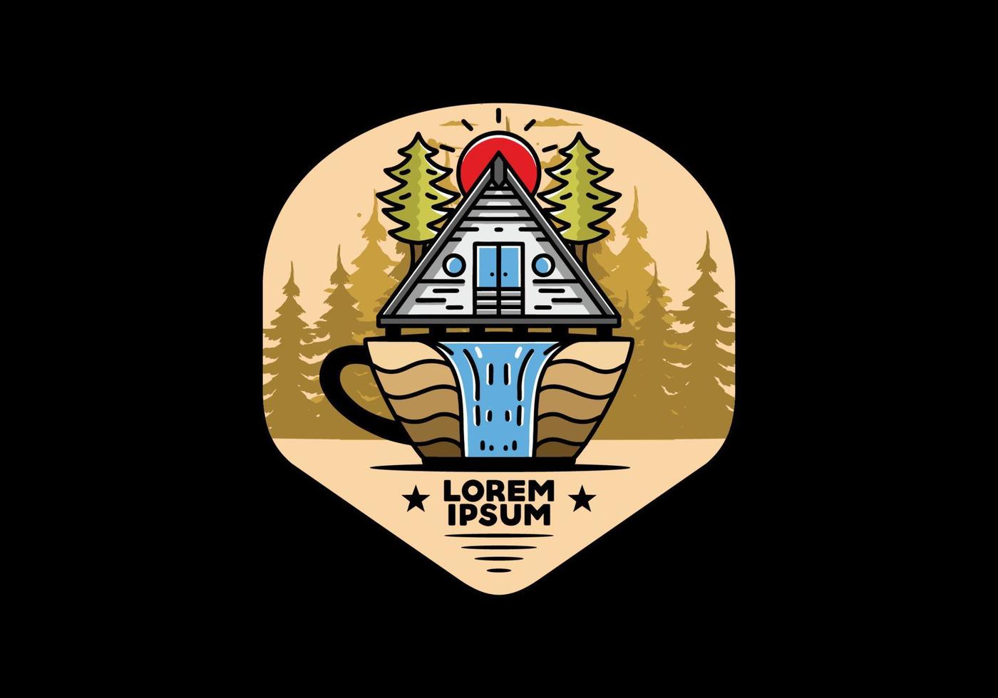 Wood cabin and pine trees on the coffee cup shape with waterfall illustration vector