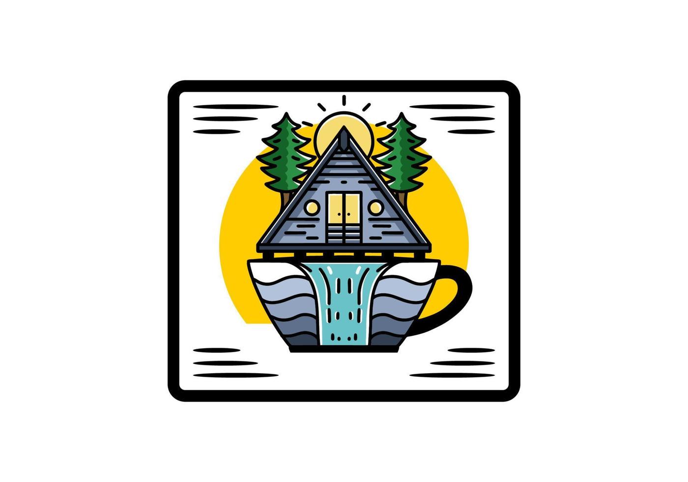 Wood cabin and pine trees on the coffee cup shape with waterfall illustration vector