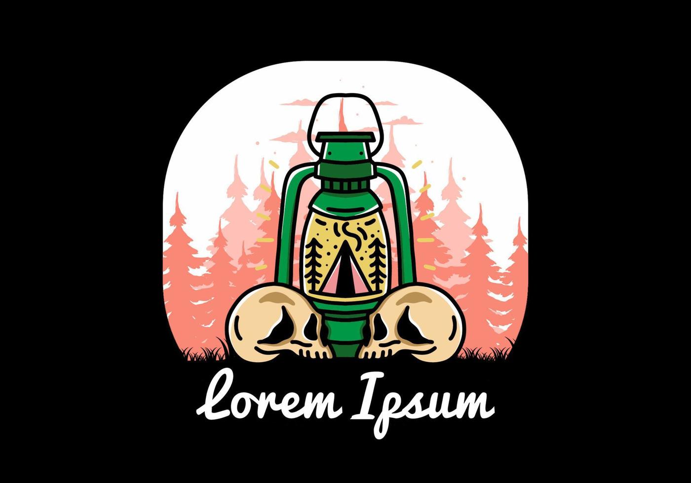 Outdoor lantern with triangle camping tent and two skull illustration vector