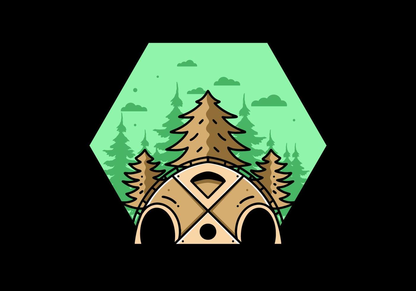 Big family tent and pine trees illustration badge design vector