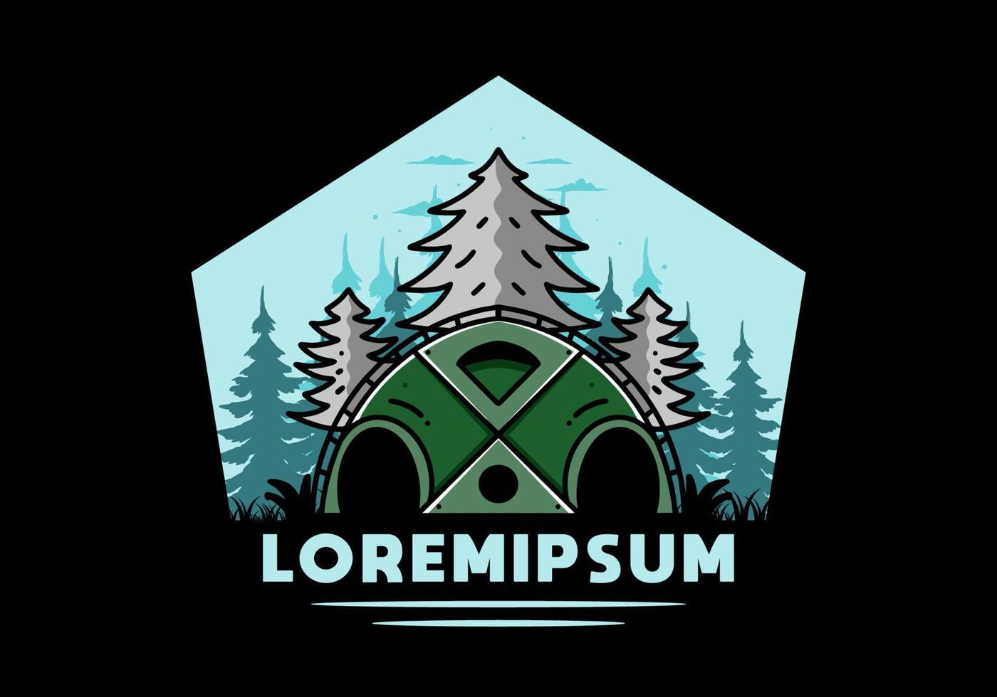 Big family tent and pine trees illustration badge design vector