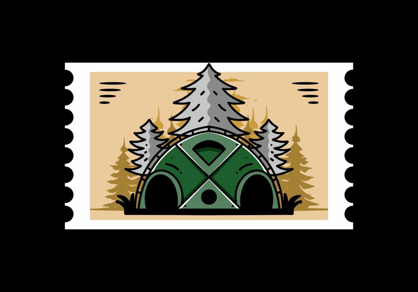 Big family tent and pine trees illustration badge design vector
