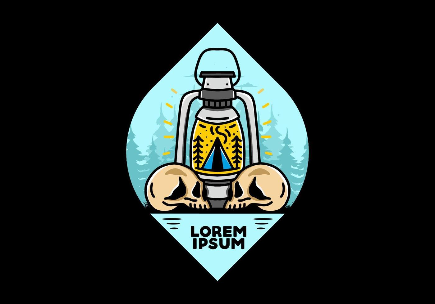 Outdoor lantern with triangle camping tent and two skull illustration vector