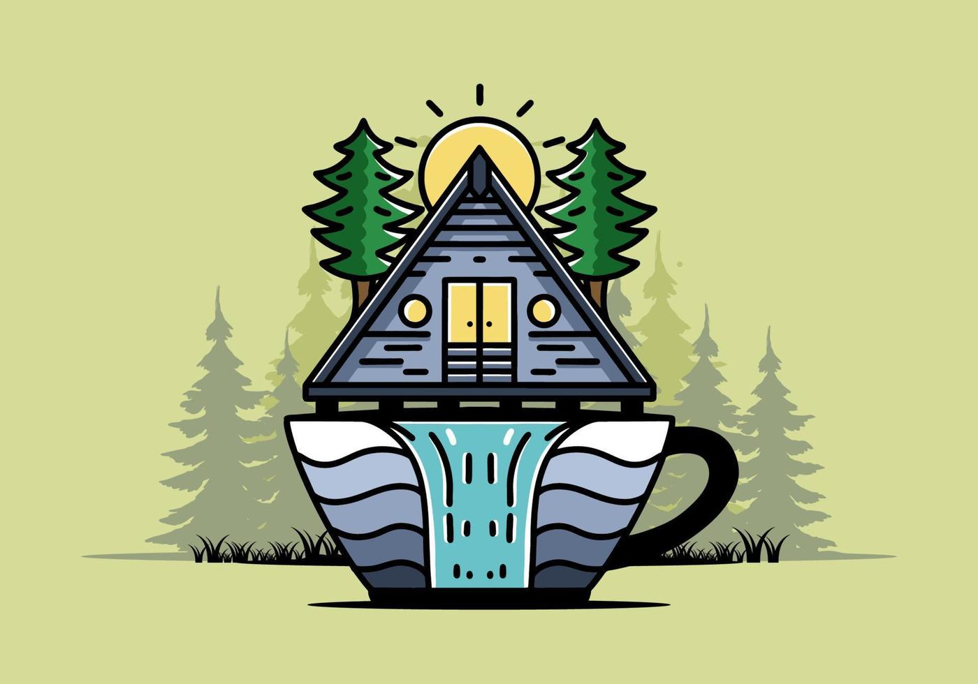 cabaña de madera y pinos en forma de taza de café con ilustración de cascada vector