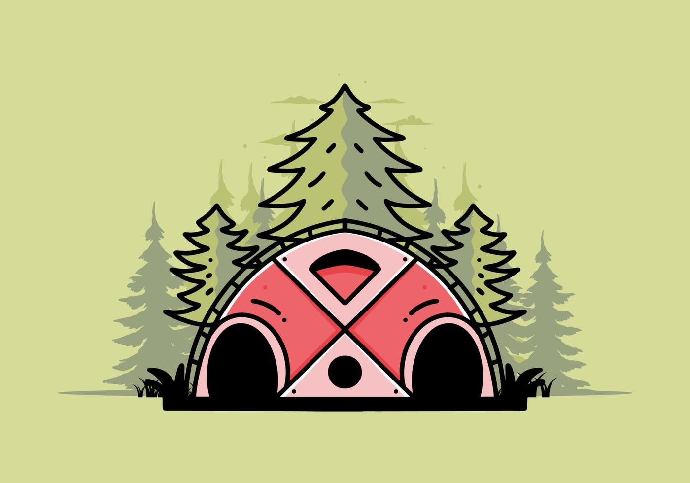 Big family tent and pine trees illustration badge design vector
