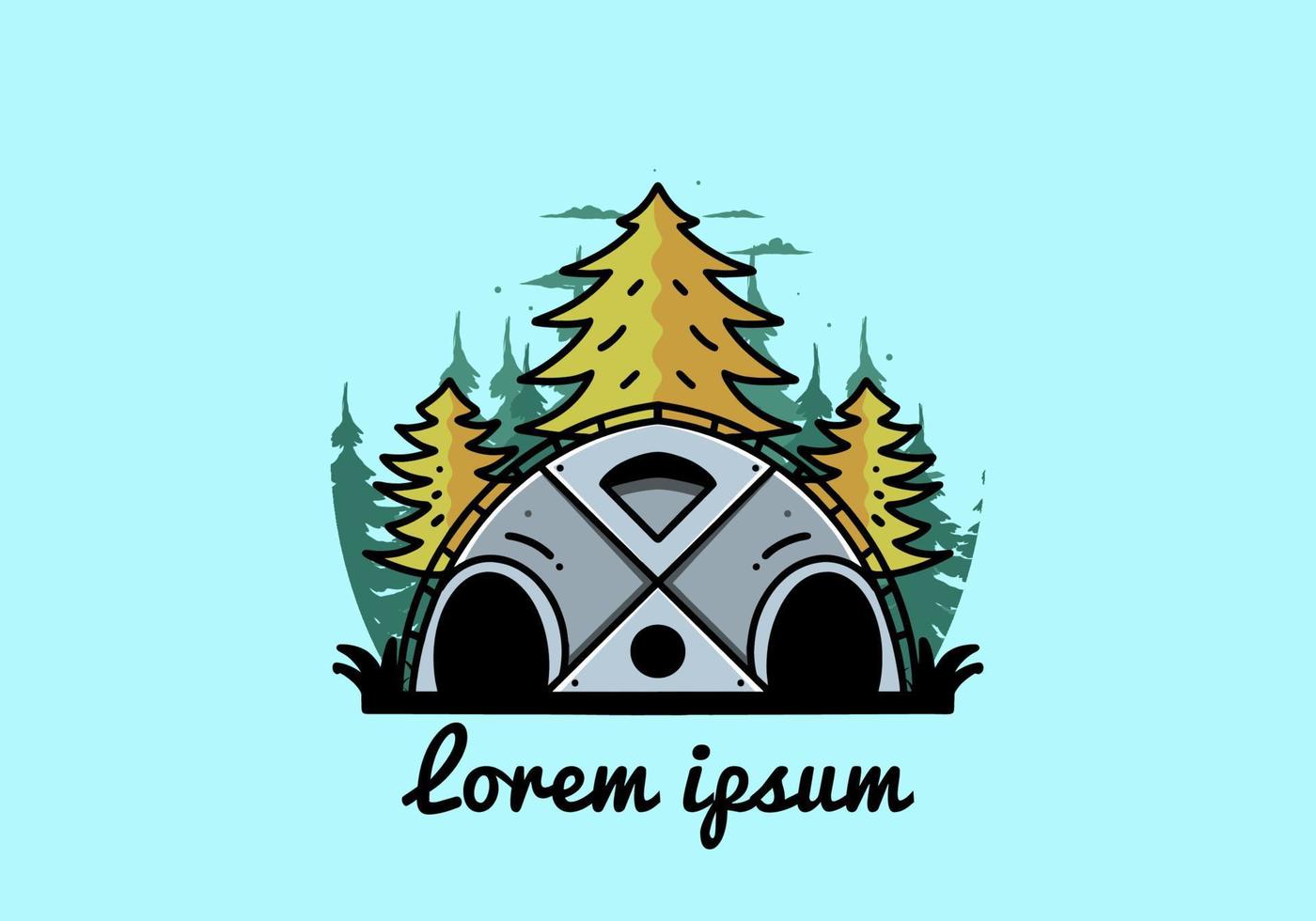 Big family tent and pine trees illustration badge design vector