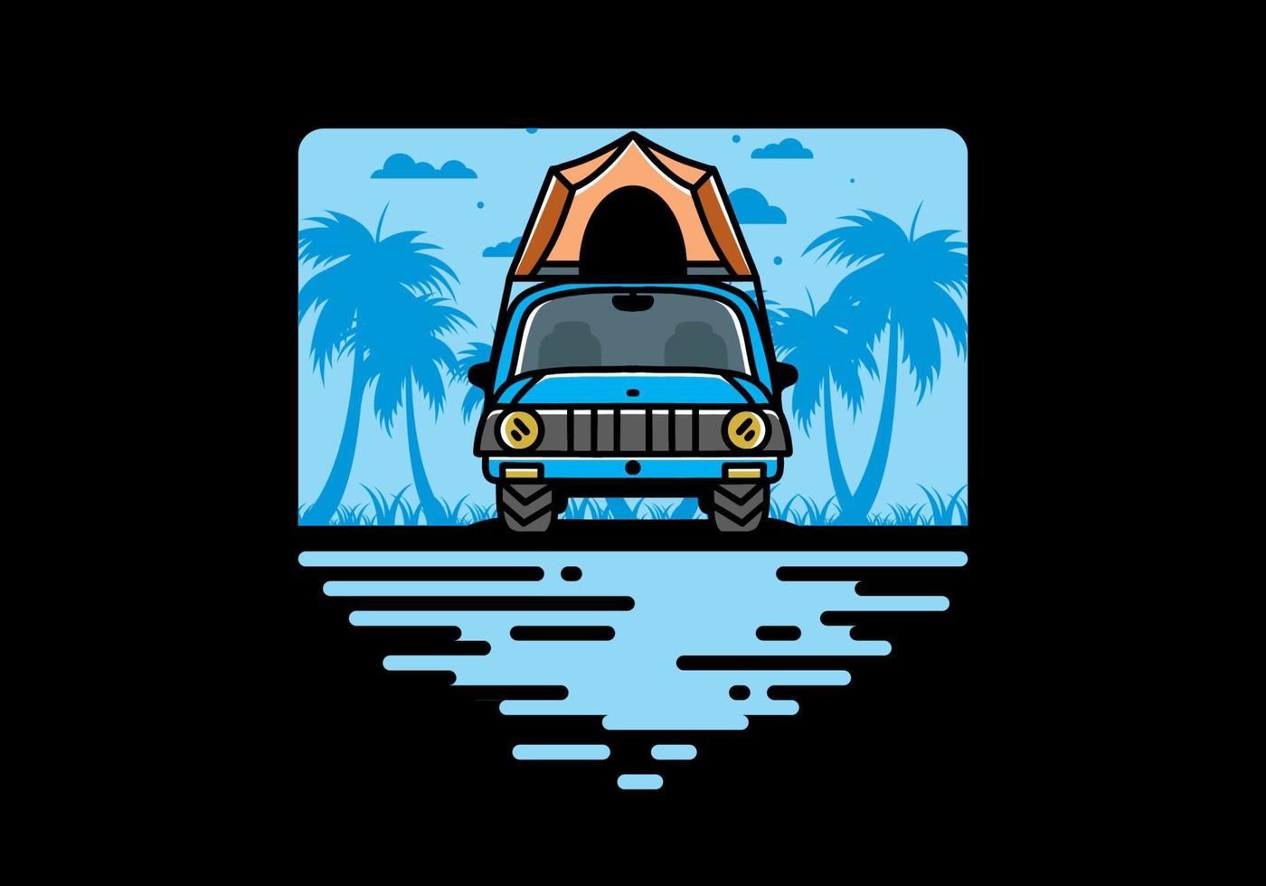 Camping on the roof of car illustration badge design vector