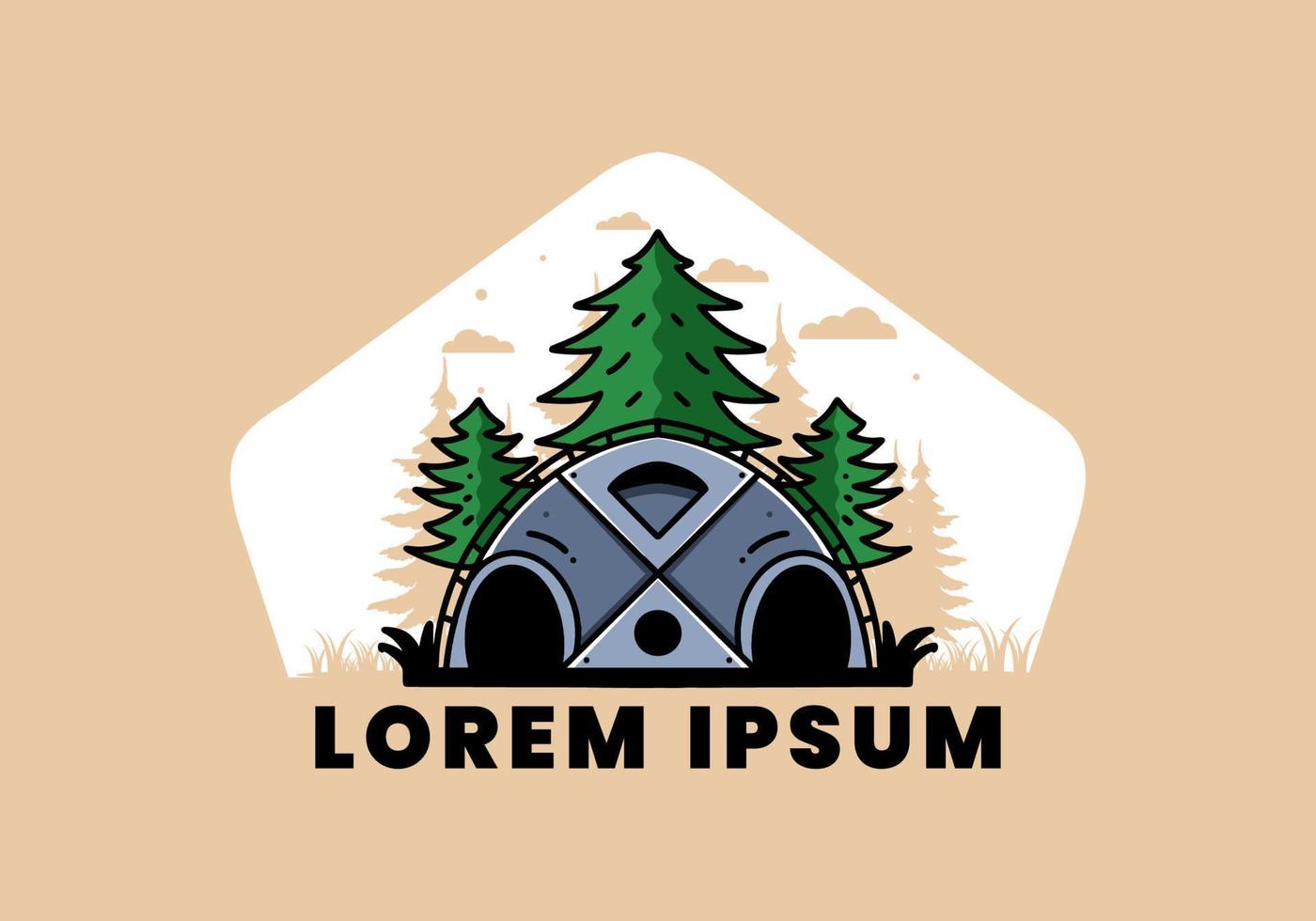 Big family tent and pine trees illustration badge design vector