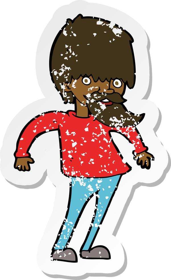 retro distressed sticker of a cartoon bearded man shrugging shoulders vector