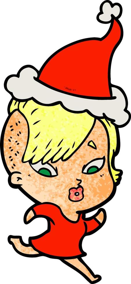 textured cartoon of a surprised girl wearing santa hat vector