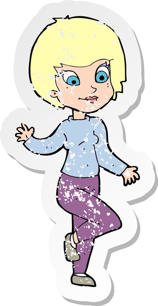 retro distressed sticker of a cartoon woman waving vector