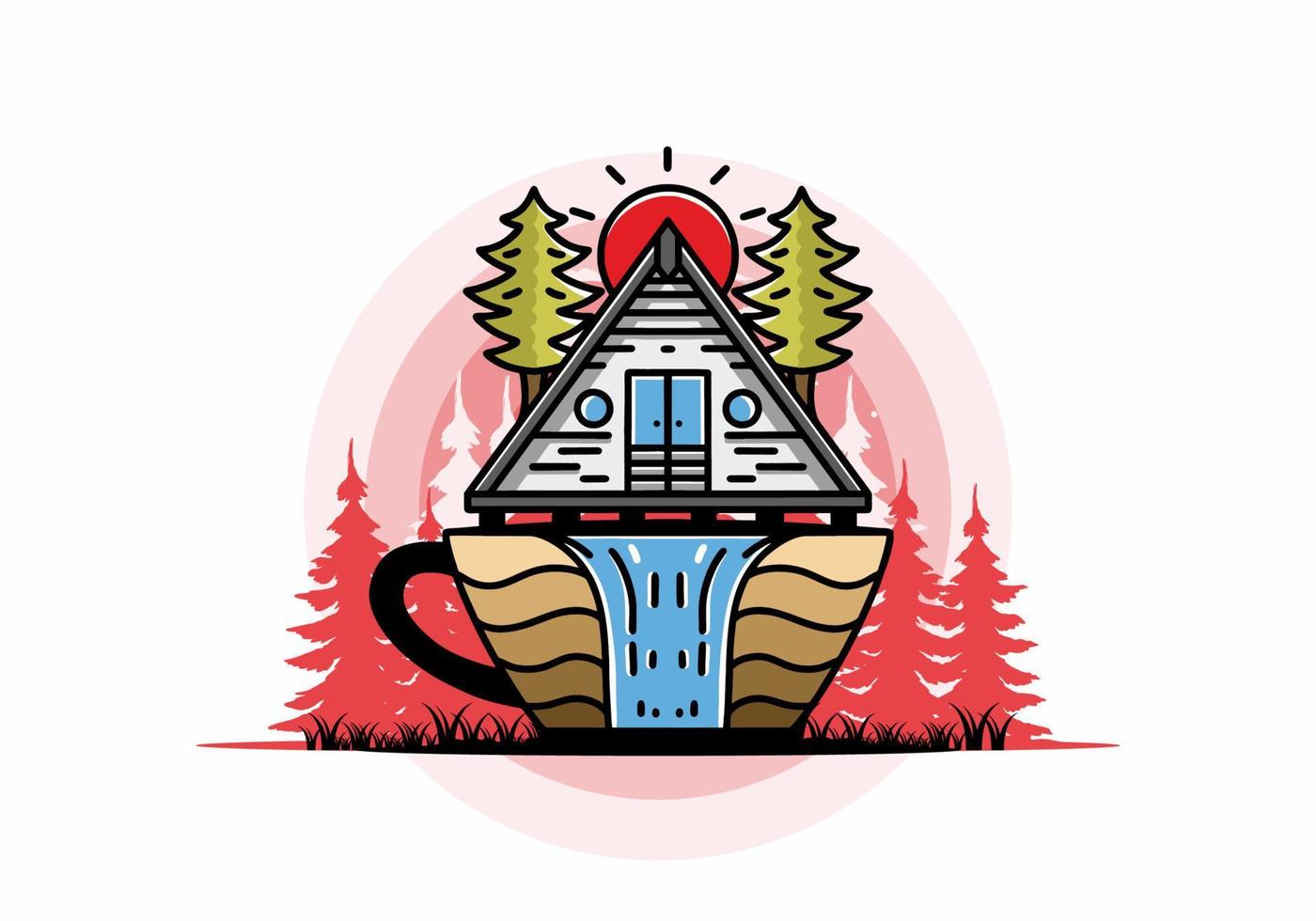 Wood cabin and pine trees on the coffee cup shape with waterfall illustration vector