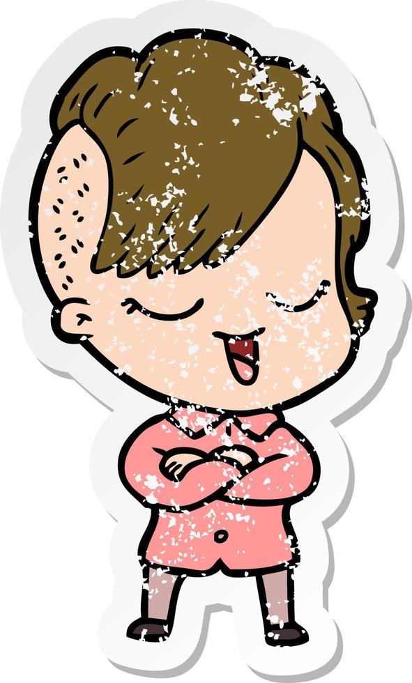 distressed sticker of a happy cartoon girl vector
