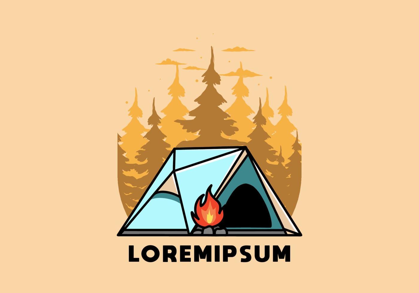 Triangle camping tent and bonfire illustration design vector