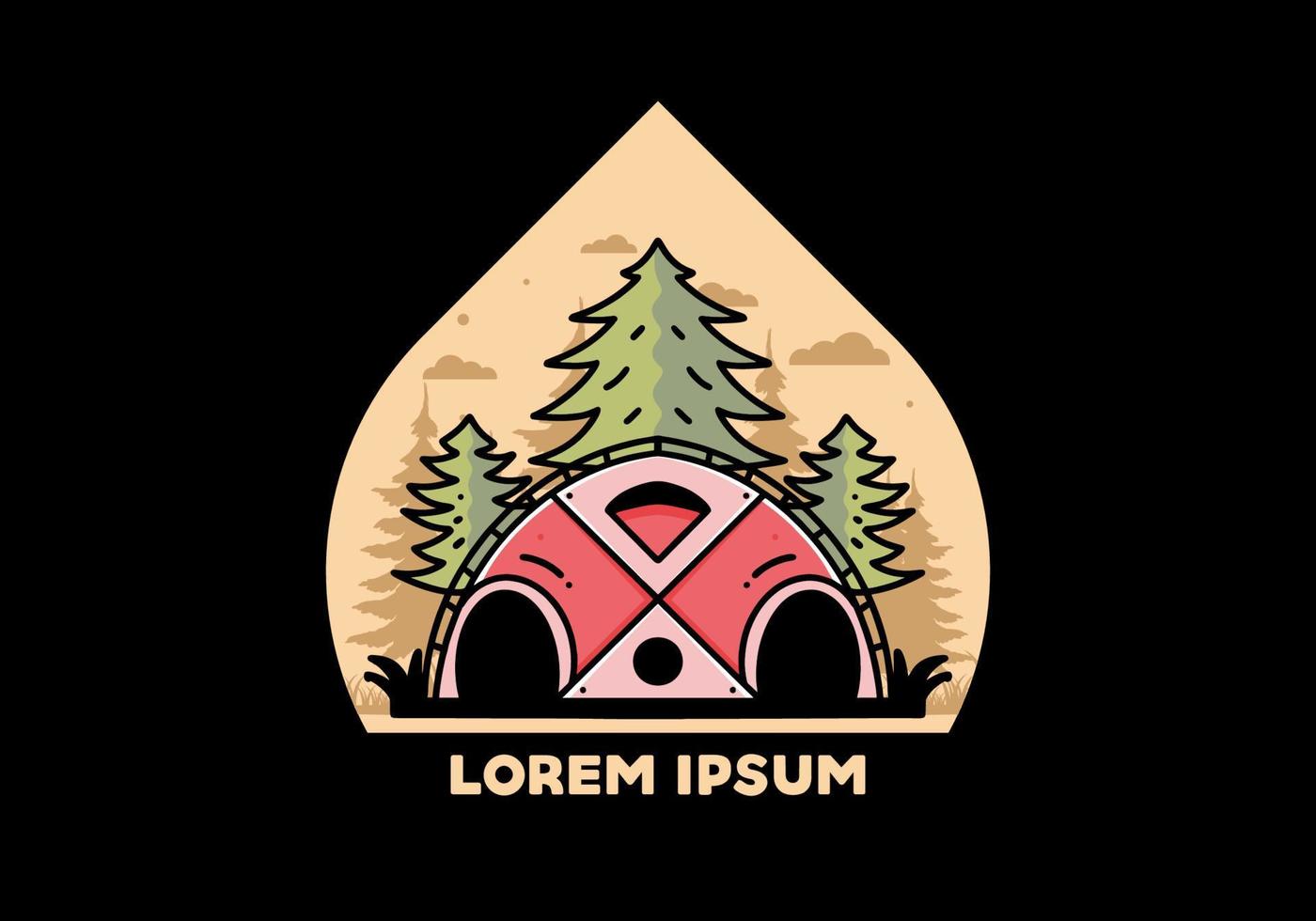Big family tent and pine trees illustration badge design vector