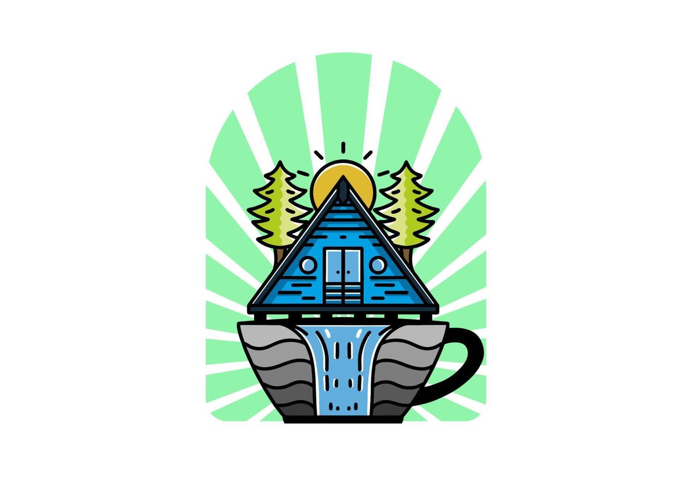 Wood cabin and pine trees on the coffee cup shape with waterfall illustration vector