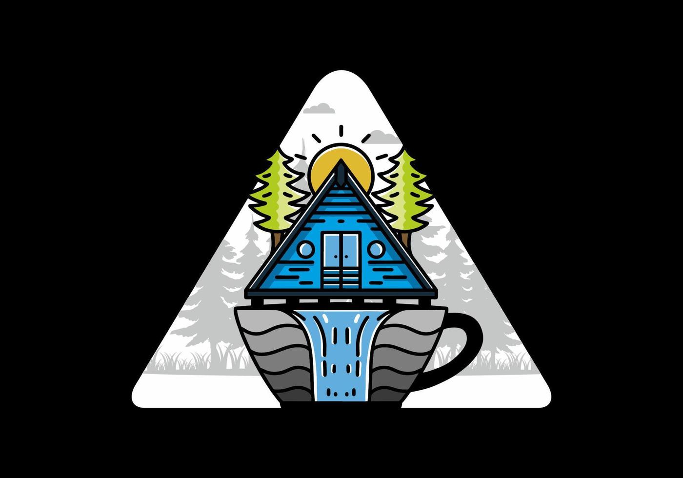 Wood cabin and pine trees on the coffee cup shape with waterfall illustration vector