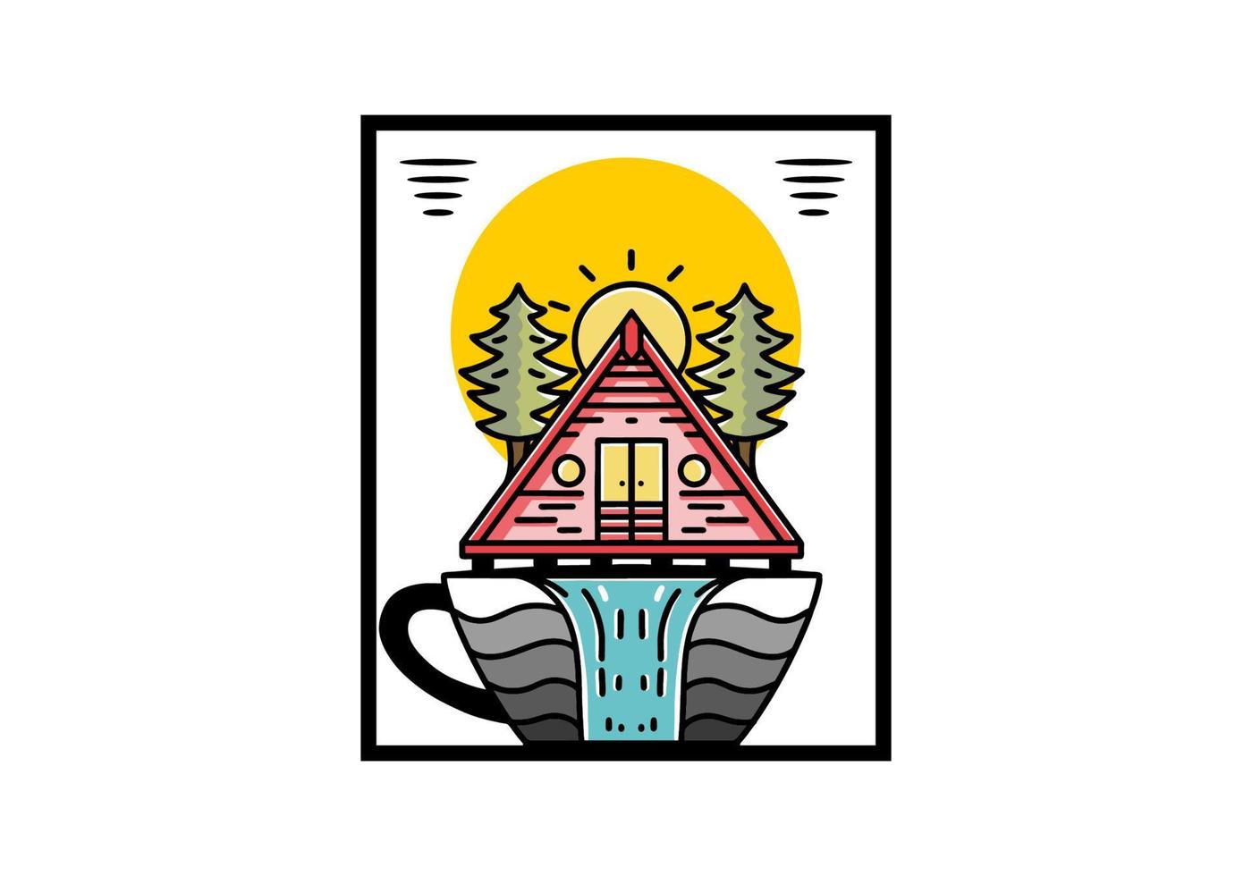 Wood cabin and pine trees on the coffee cup shape with waterfall illustration vector