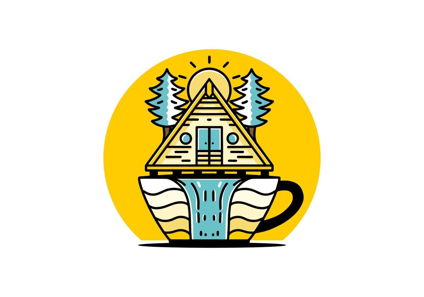 cabaña de madera y pinos en forma de taza de café con ilustración de cascada vector