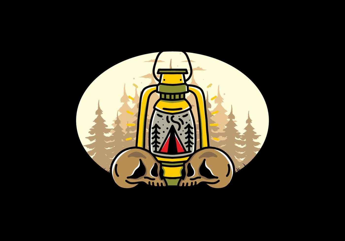 Outdoor lantern with triangle camping tent and two skull illustration vector
