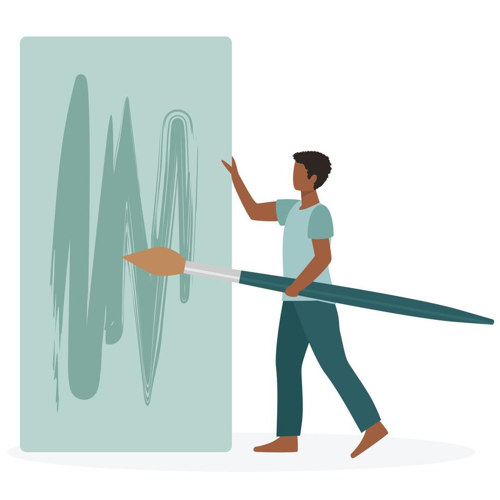 WebAfrican man with paint brush. Art workshop in studio. Cartoon artists creating artworks with big paintbrushes, paints. Vector illustration for painting, drawing, art school