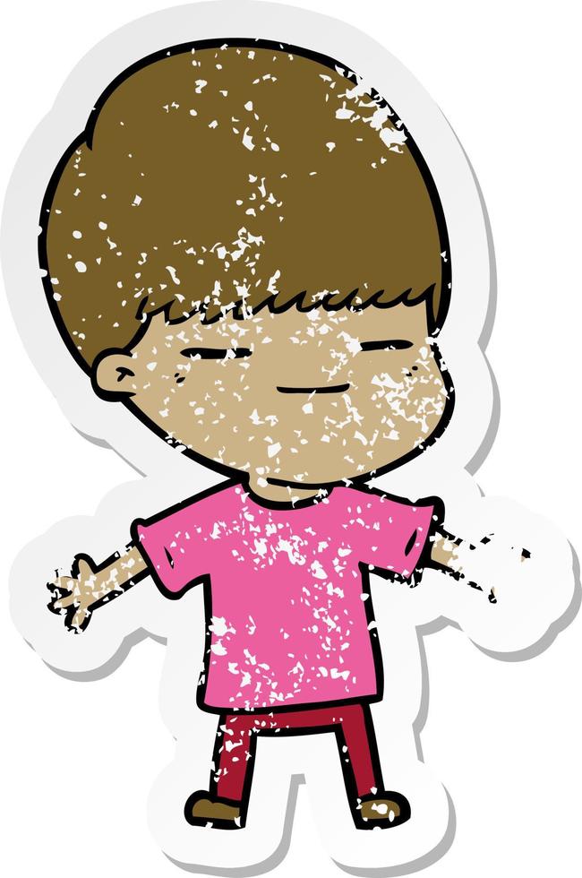 distressed sticker of a cartoon smug boy vector