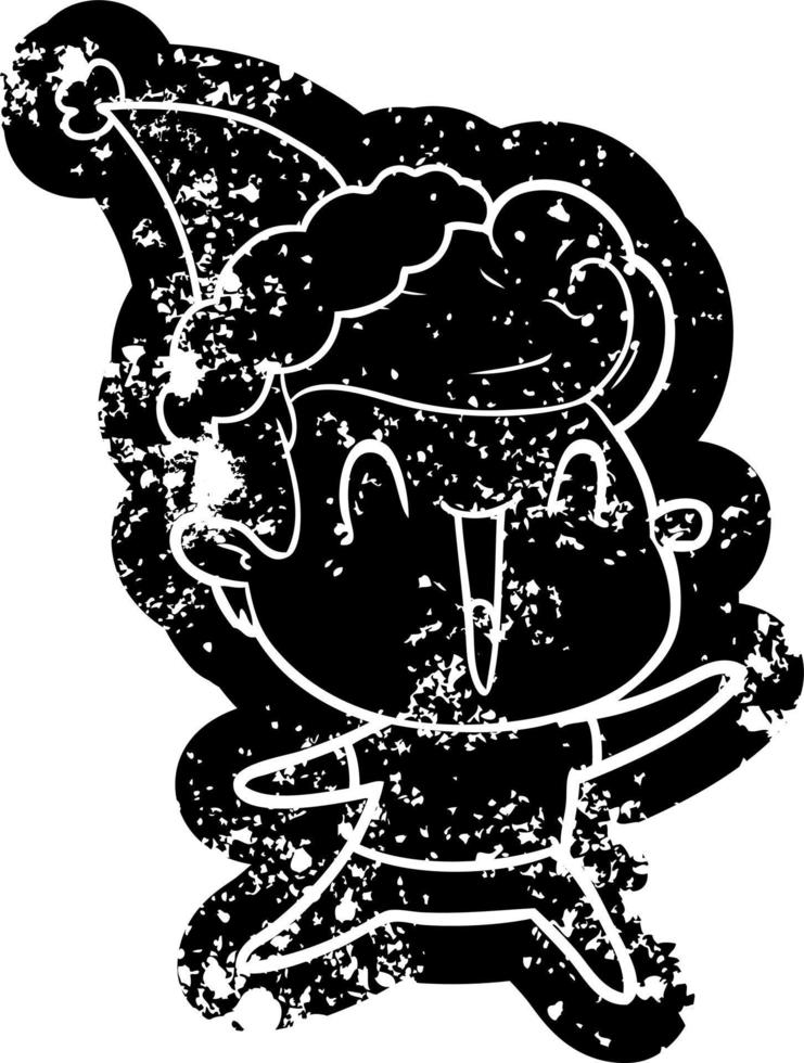 cartoon distressed icon of a excited man wearing santa hat vector