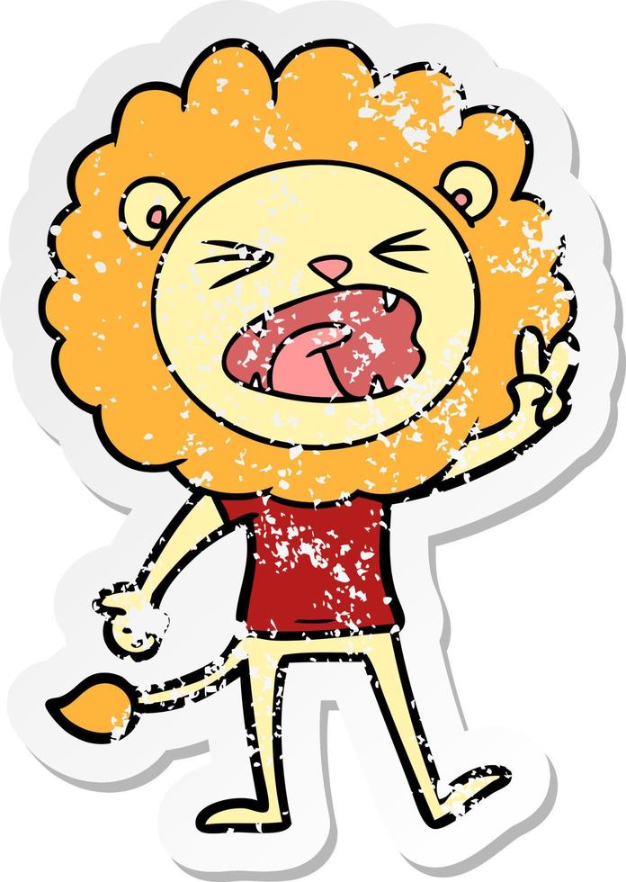 distressed sticker of a cartoon lion giving peac sign vector