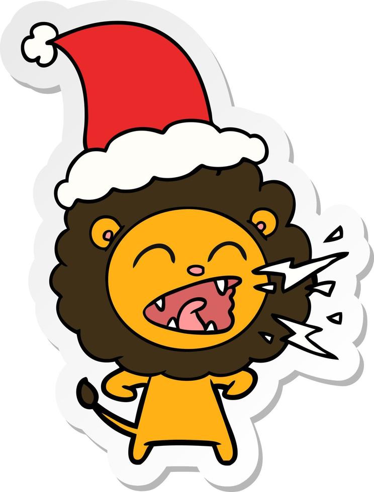 sticker cartoon of a roaring lion wearing santa hat vector