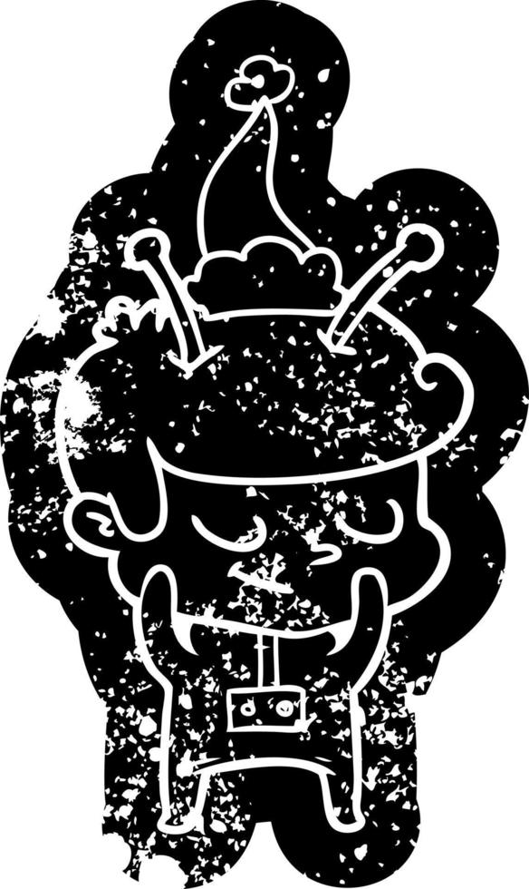 shy cartoon distressed icon of a spaceman wearing santa hat vector