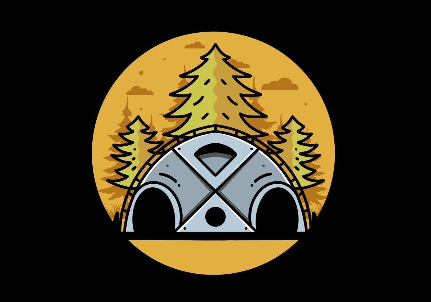 Big family tent and pine trees illustration badge design vector