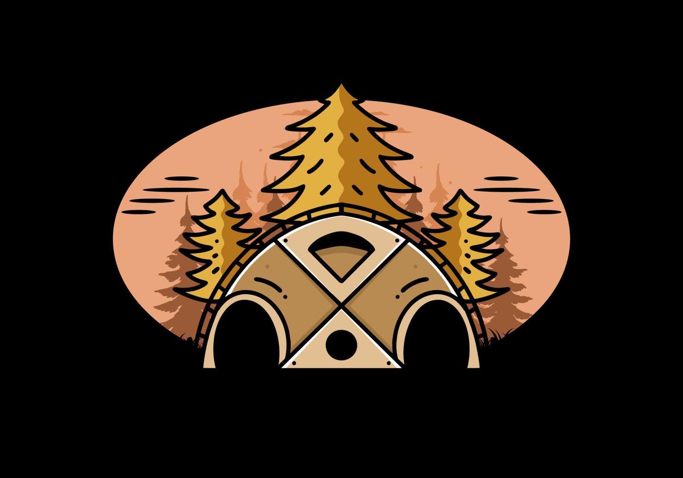 Big family tent and pine trees illustration badge design vector