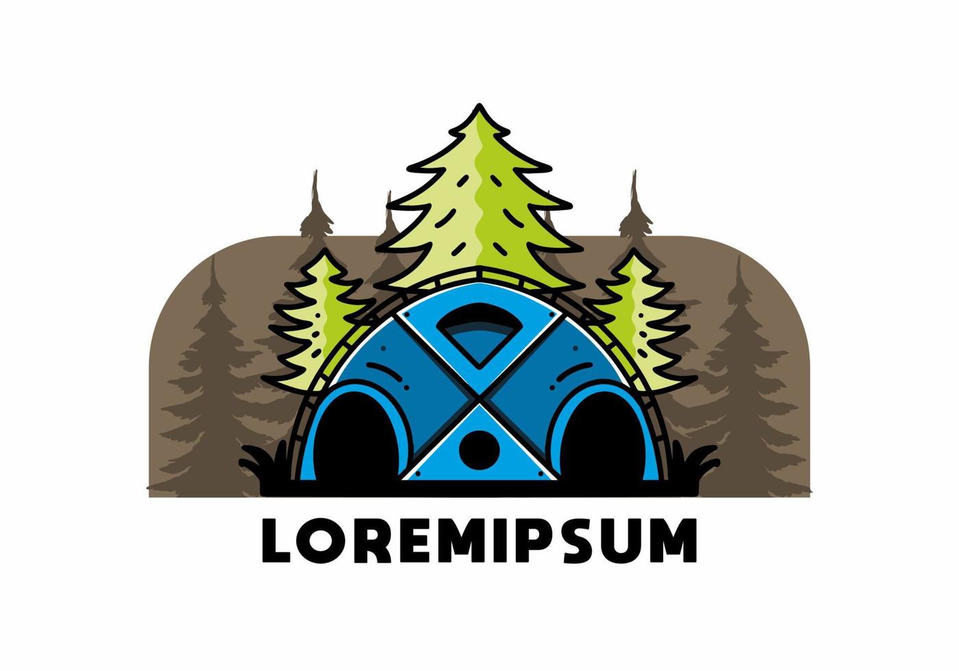 Big family tent and pine trees illustration badge design vector
