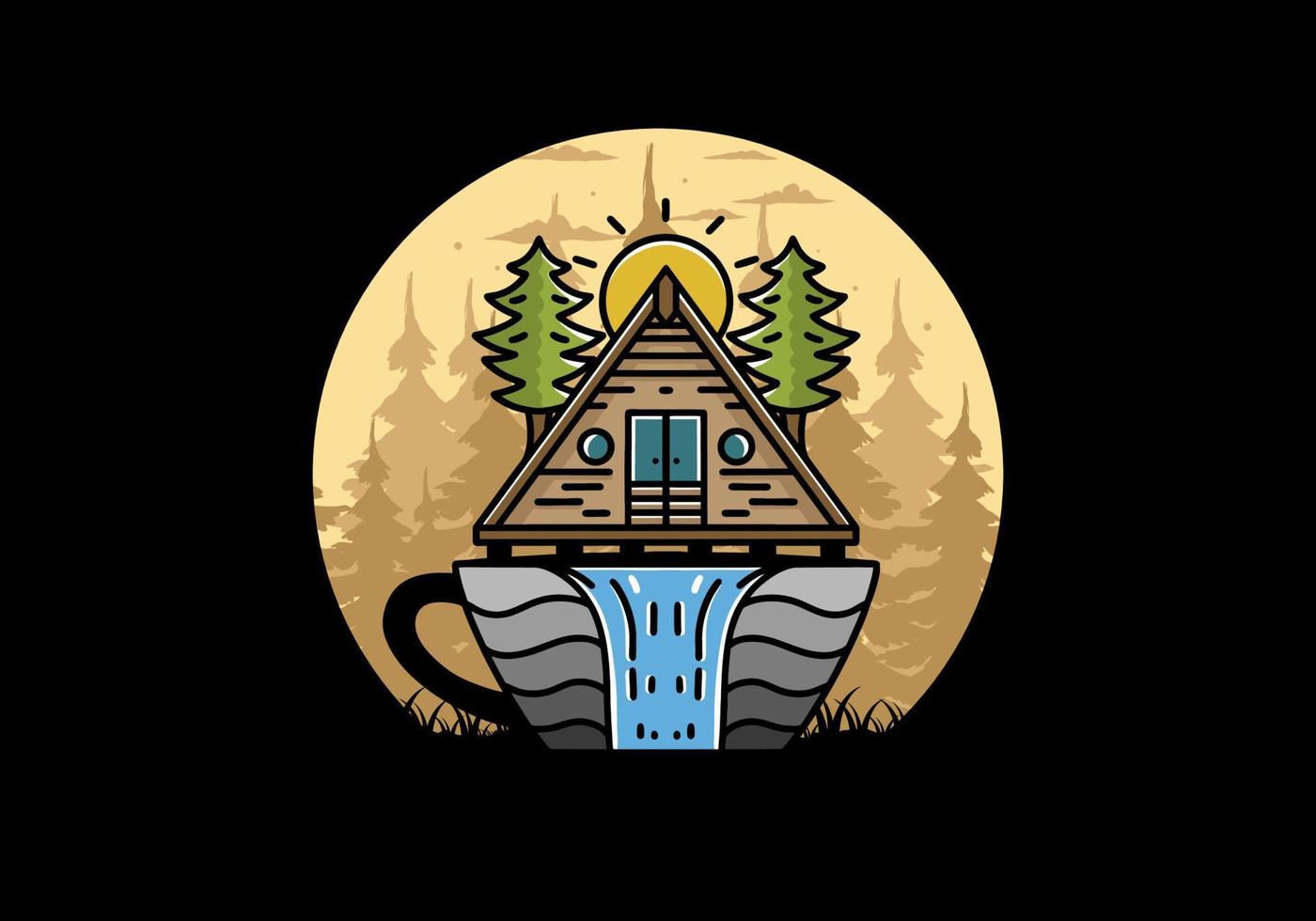 cabaña de madera y pinos en forma de taza de café con ilustración de cascada vector