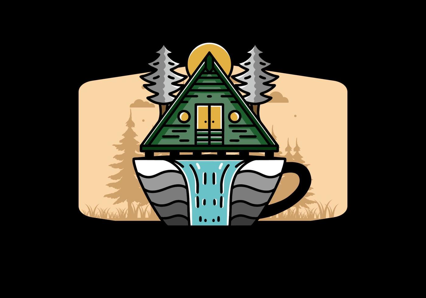 cabaña de madera y pinos en forma de taza de café con ilustración de cascada vector