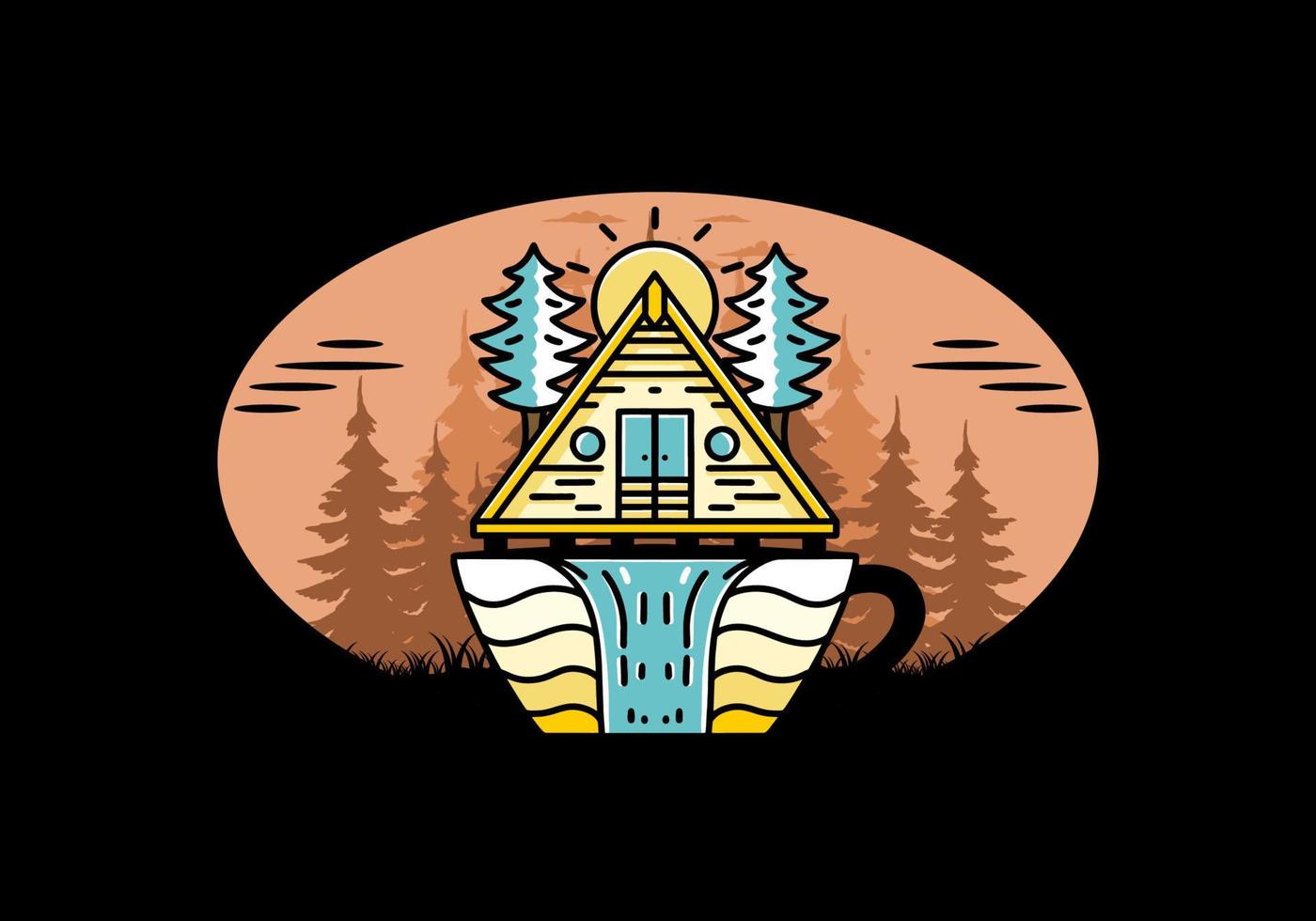 Wood cabin and pine trees on the coffee cup shape with waterfall illustration vector