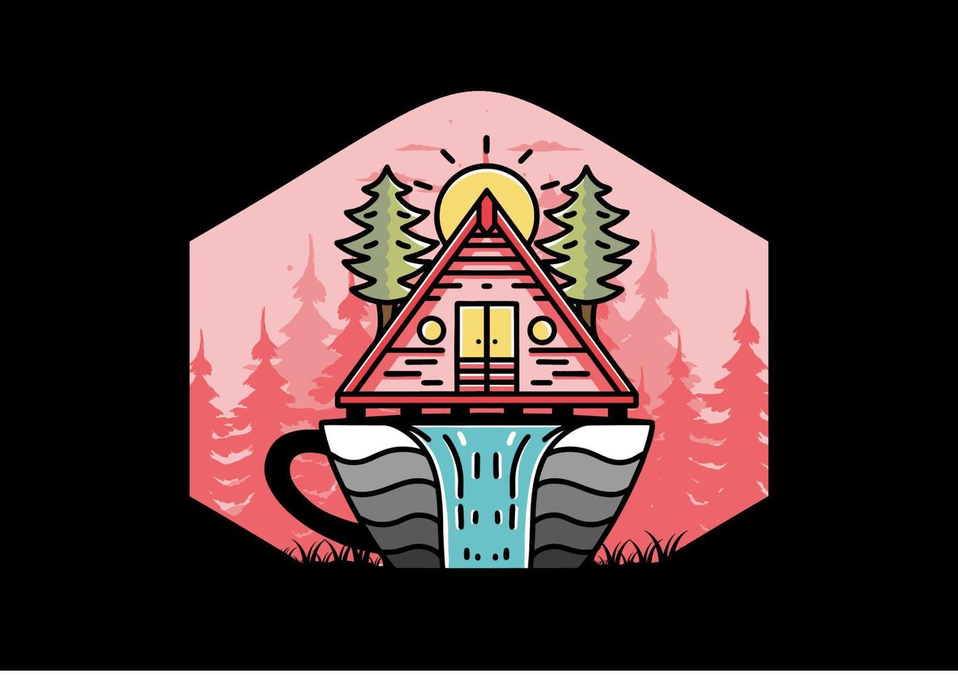 Wood cabin and pine trees on the coffee cup shape with waterfall illustration vector