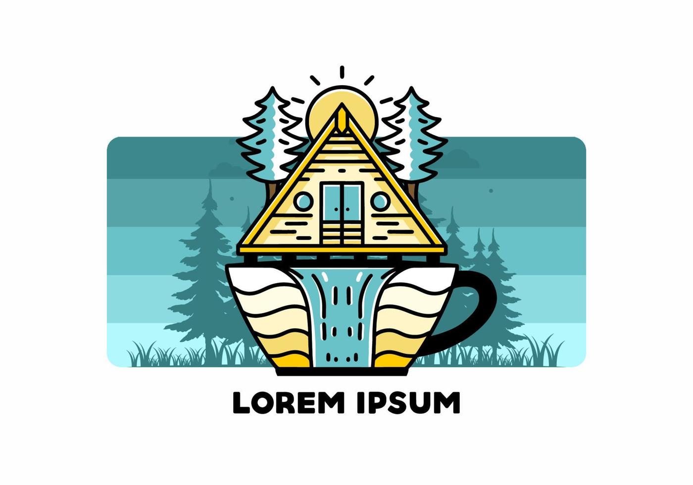 Wood cabin and pine trees on the coffee cup shape with waterfall illustration vector