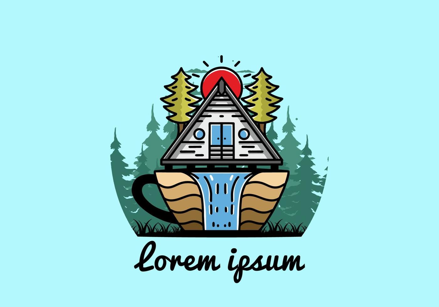 Wood cabin and pine trees on the coffee cup shape with waterfall illustration vector