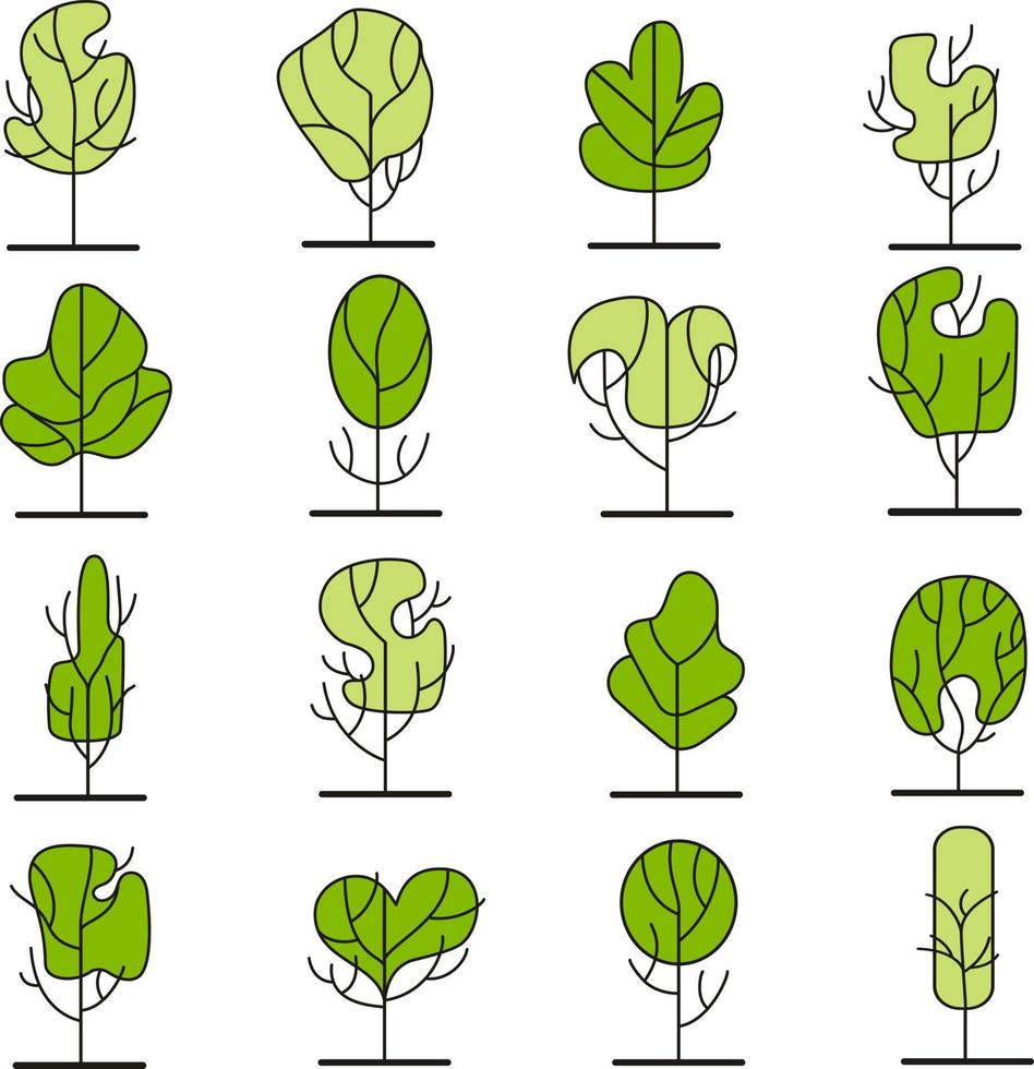 Simple frontal trees. Entourage design. Various trees, bushes, and shrubs. vector