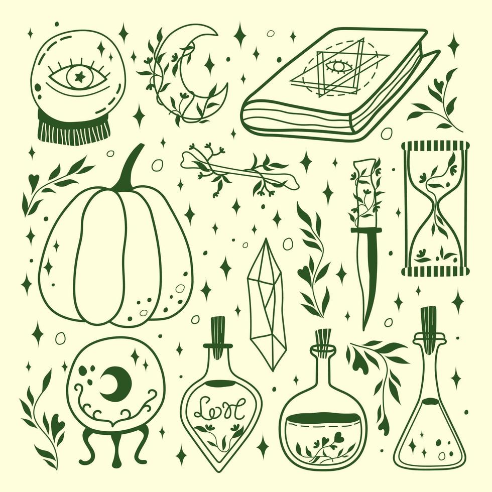 Witchcraft and Magic Illustrations. Bottles with potion and poison, sand clock, magic ball, witch book, moon, pumpkin, bone, knife, and crystal. Halloween wizardry. vector