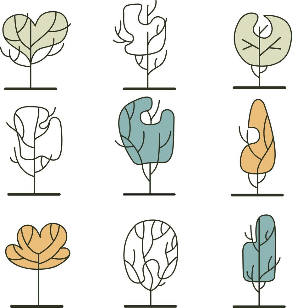 Simple frontal trees. Entourage design. Various trees, bushes, and shrubs. vector