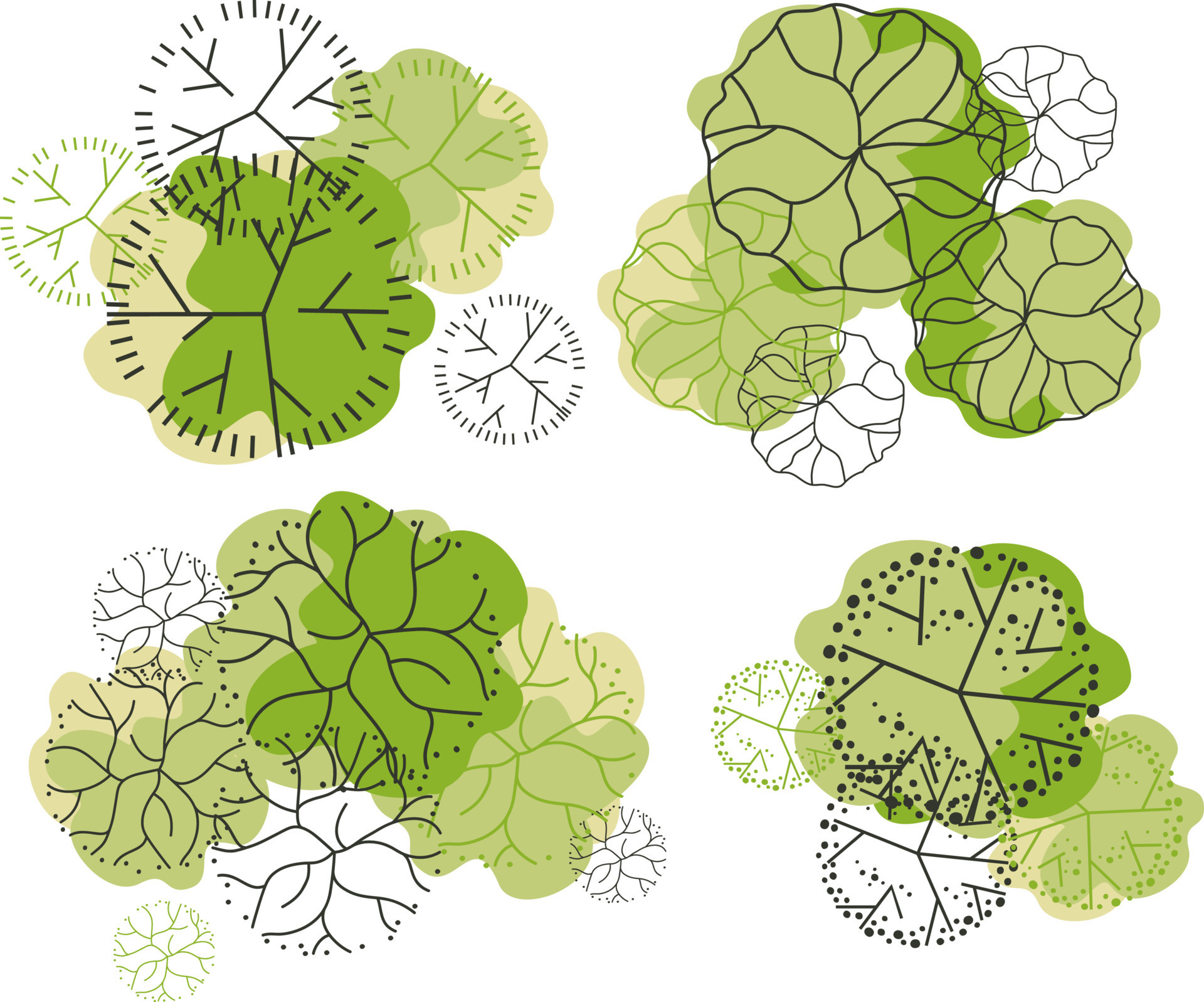 Tree for architectural floor plans. Entourage design. Various trees, bushes, and shrubs, top