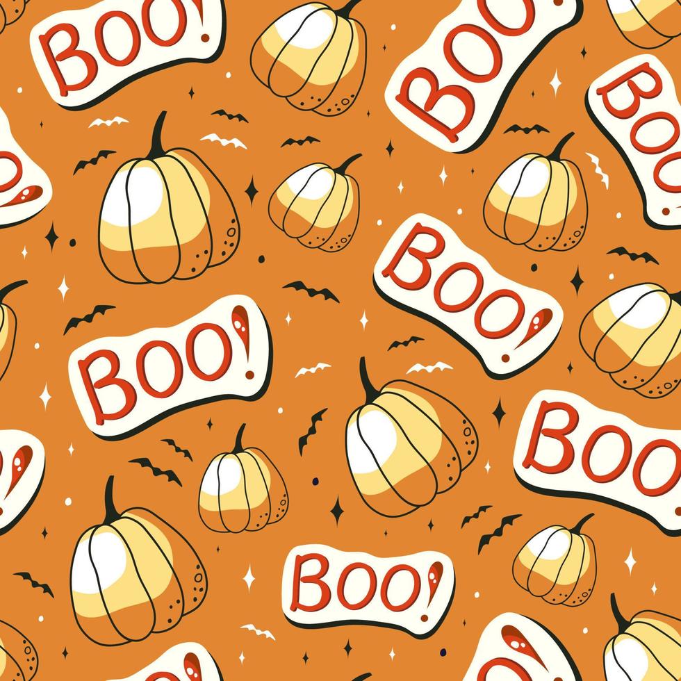 Halloween seamless pattern with pumpkins and boo. Perfect for textile, wallpaper, and print. vector