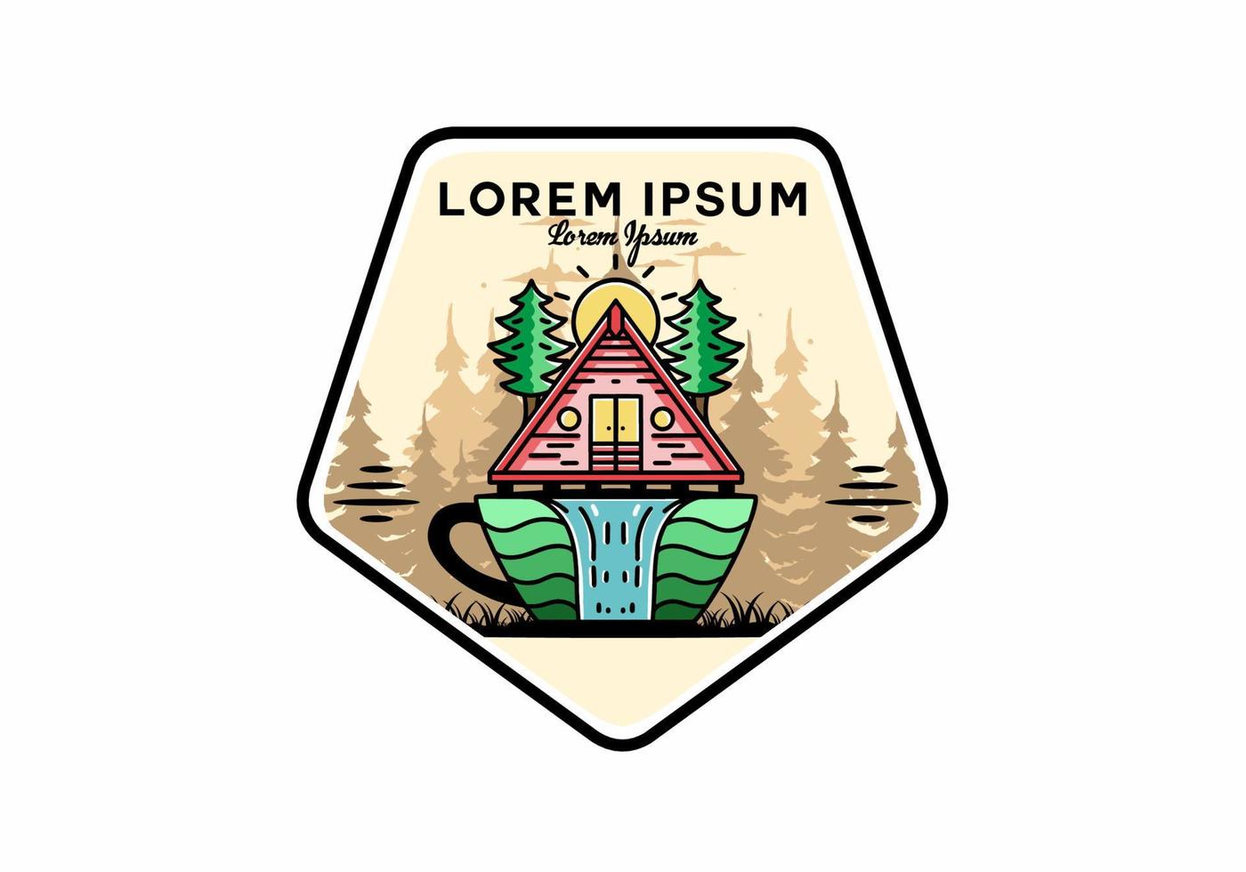 Wood cabin and pine trees on the coffee cup shape with waterfall illustration vector
