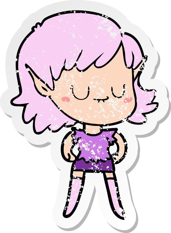 distressed sticker of a happy cartoon elf girl vector