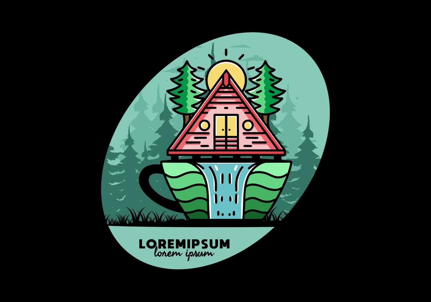 Wood cabin and pine trees on the coffee cup shape with waterfall illustration vector