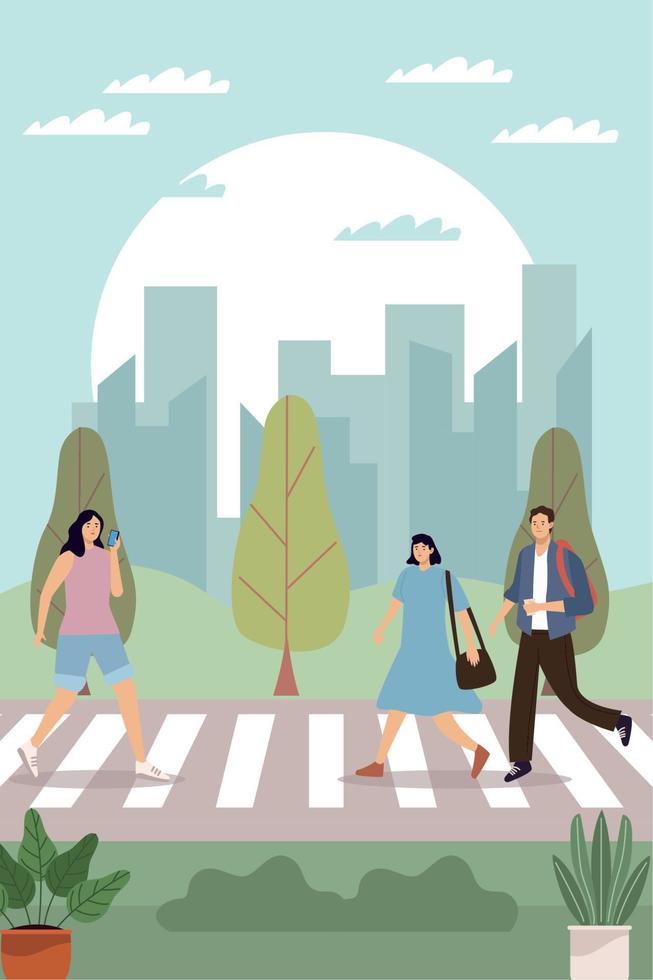 three persons in crosswalk vector
