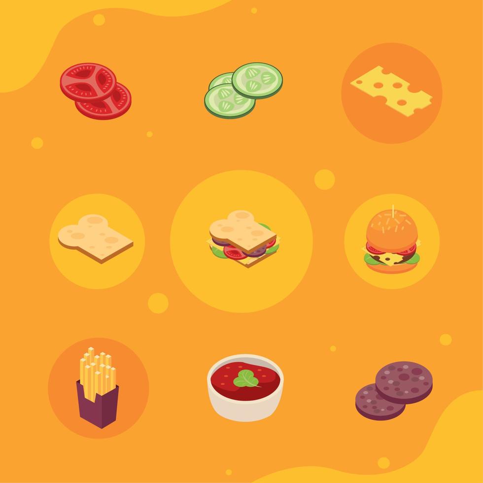 nine isometric fast food icons vector