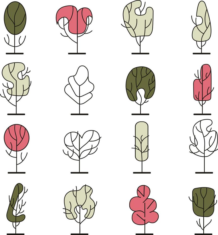 Simple frontal trees. Entourage design. Various trees, bushes, and shrubs. vector